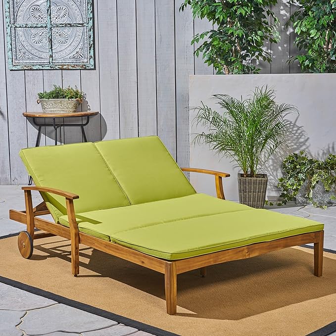 Christopher Knight Home Double Chaise Lounge Outdoor Patio Daybed with Adjustable Backrests, Acacia Wood Frame in Teak Finish, Water Resistant Green Cushions for Poolside Porch Deck
