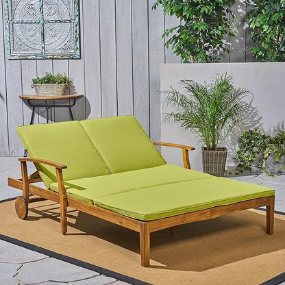 Christopher Knight Home Double Chaise Lounge Outdoor Patio Daybed with Adjustable Backrests, Acacia Wood Frame in Teak Finish, Water Resistant Green Cushions for Poolside Porch Deck