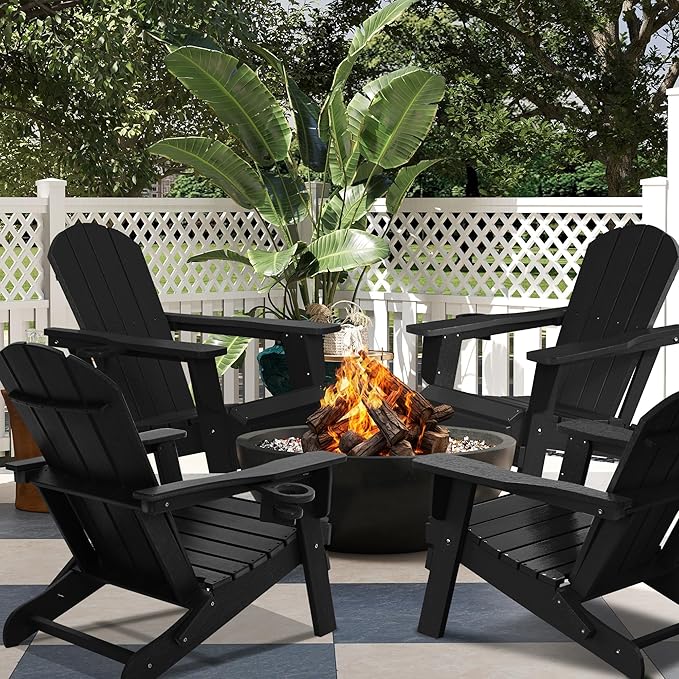 Folding Adirondack Chair with Cup Holder, HDPE All-Weather Folding Patio Chair, Outdoor Patio Adirondack Chair for Lawn Porch Garden Backyard Deck Fire Pit, Black