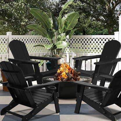 Folding Adirondack Chair with Cup Holder, HDPE All-Weather Folding Patio Chair, Outdoor Patio Adirondack Chair for Lawn Porch Garden Backyard Deck Fire Pit, Black