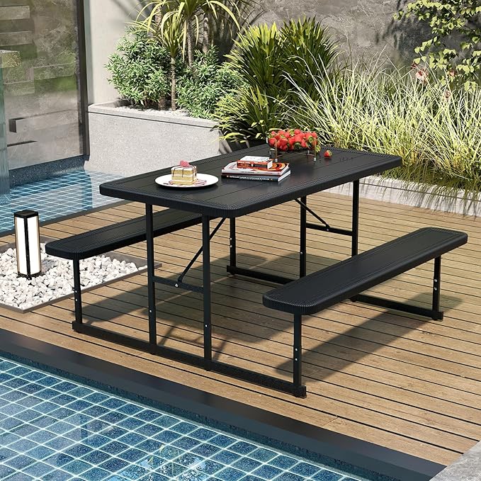 Giantex Picnic Table Bench Set for 4 People, 4.5FT Outdoor Rectangular Dining Table & 2 Benches w/Umbrella Hole - Photo 3