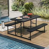 Giantex Picnic Table Bench Set for 4 People, 4.5FT Outdoor Rectangular Dining Table & 2 Benches w/Umbrella Hole - Photo 3