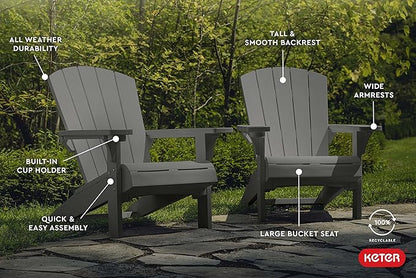 Keter Alpine Adirondack 2 Pack Resin Outdoor Furniture Patio Chairs with Cup Holder-Perfect for Beach, Pool, and Fire Pit Seating, Dark Grey