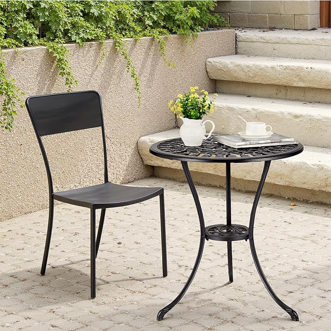 24" Cast Aluminum Patio Bistro Table with Umbrella Hole, Outdoor Round Coffee Bistro Side Table, Anti-Rust Outdoor Furniture for Backyard, Garden, Porch, Pool, Balcony, Retro Black