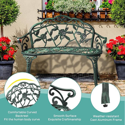 Outvita Outdoor Bench, 38"" Cast Aluminum Garden Bench Anti-Rust Weather Resistant Patio Bench Rose Pattern Bench for Front Porch, Backyard, Lawn, 1, Green