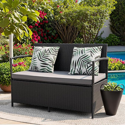 Flamaker Patio Loveseat Wicker Outdoor Furniture, All Weather Rattan Conversation Bench Chair with Large Storage Capacity and Cushions for Backyard, Outside Patio Porch (Black)