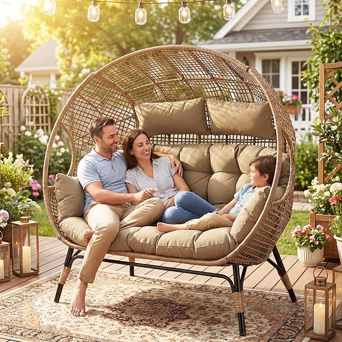 NICESOUL® Double Egg Chair Indoor Outdoor Stationary Oversized Thicken Padded Cushions, 2 Person Egg Loveseat Chair - Photo 3