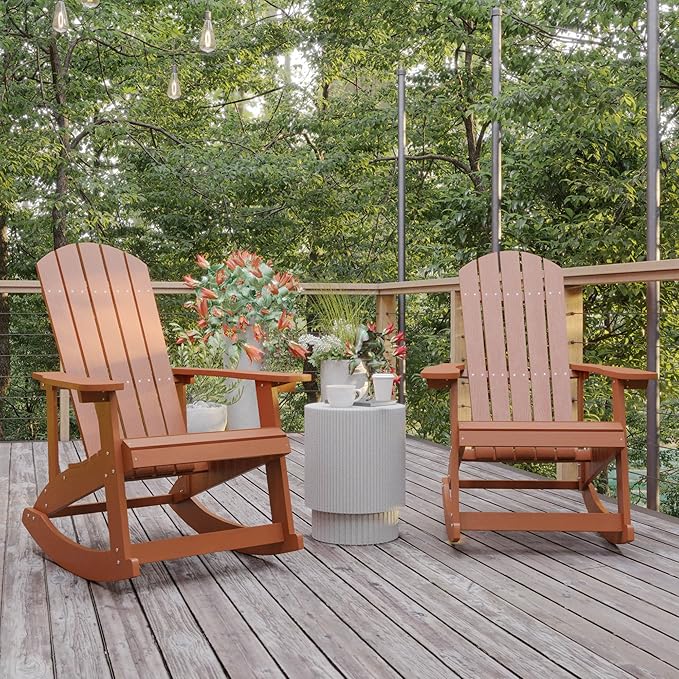 Flash Furniture Savannah Poly Resin Wood Adirondack Rocking Chair - All Weather Red Polystyrene - Stainless Steel Hardware - Set of 2