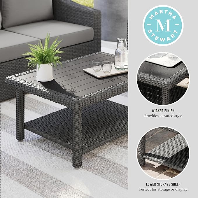 Martha Stewart Bedford Indoor-Outdoor Patio Coffee Table with Lower Shelf, Faux Wood Top - Photo 4