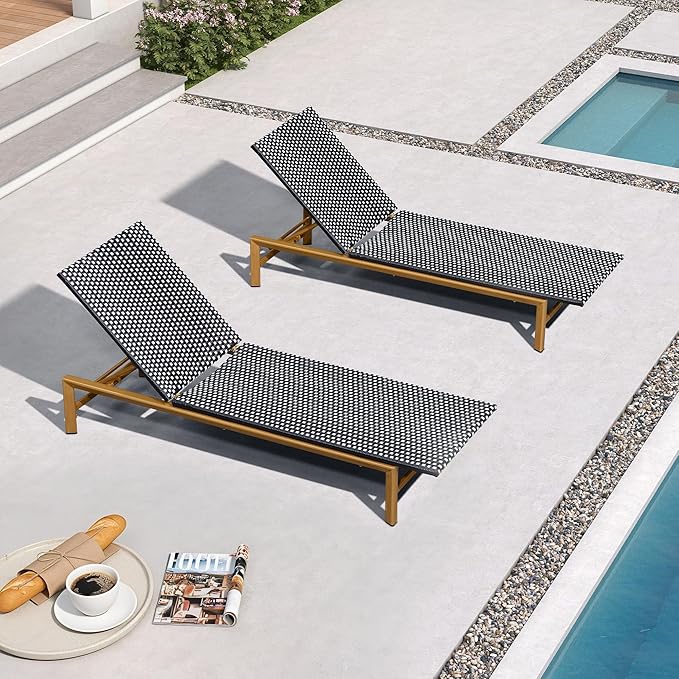 PURPLE LEAF Patio Chaise Lounge French Outdoor Lounger 2 Pieces Wood-Grain Finish Aluminum Wicker Lounge Chair with Adjustable Backrest for Pool Garden Beach and Backyard White and Black