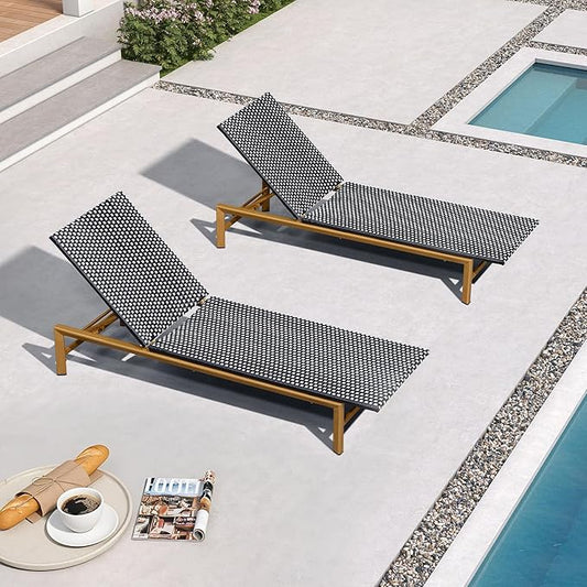 PURPLE LEAF Patio Chaise Lounge French Outdoor Lounger 2 Pieces Wood-Grain Finish Aluminum Wicker Lounge Chair with Adjustable Backrest for Pool Garden Beach and Backyard White and Black