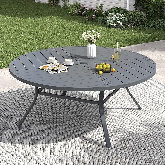 VICLLAX 60" Round Patio Table with Umbrella Hole, All Weather Metal Outdoor Dining Table for 8, Outside Table for Lawn Garden, Grey