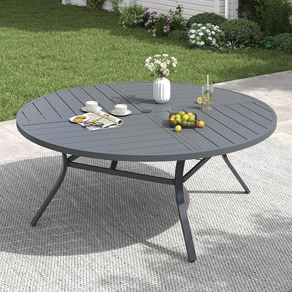 VICLLAX 60" Round Patio Table with Umbrella Hole, All Weather Metal Outdoor Dining Table for 8, Outside Table for Lawn Garden, Grey