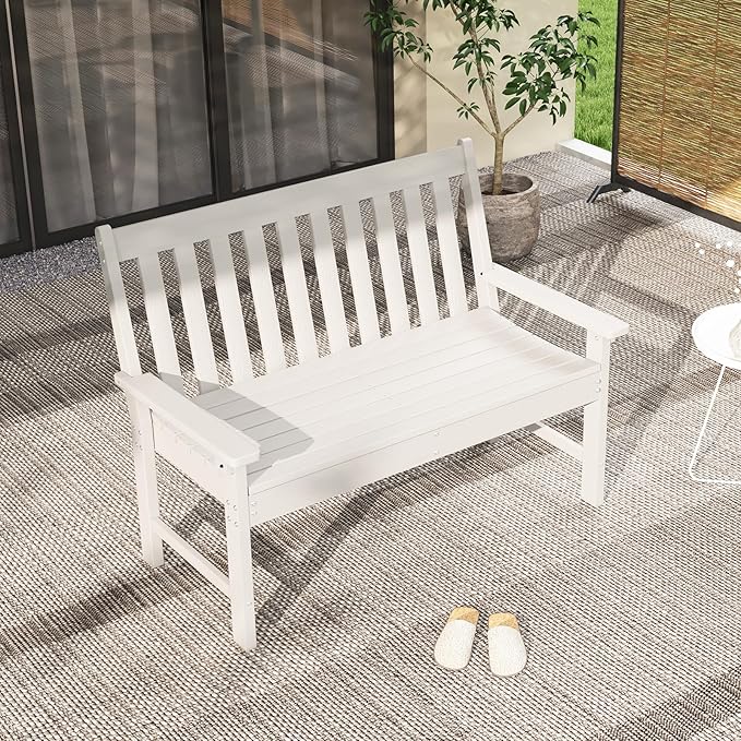 RELAX4LIFE 2-Person Patio Outdoor Bench - 52’’ All-Weather HDPE Garden Bench with Armrests & Slatted Backrest, Patio Bench for Front Porch Park Poolside Backyard, 705 LBS Weight Capacity (White)