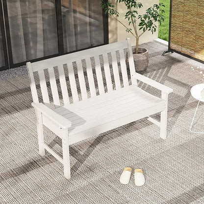 RELAX4LIFE 2-Person Patio Outdoor Bench - 52’’ All-Weather HDPE Garden Bench with Armrests & Slatted Backrest, Patio Bench for Front Porch Park Poolside Backyard, 705 LBS Weight Capacity (White)