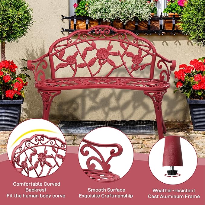 39" Patio Park Garden Outdoor Metal Rose Bench,Cast Aluminium Frame Antique Finish Chair,Accented Lawn Front Porch Path Yard Decor Deck Furniture for 2 Person Seat(39" Rose Aluminum Bench)