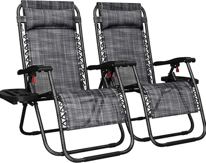 Yaheetech Zero Gravity Recliners Outdoor Adjustable Folding Reclining Lounge Chairs w/Pillows, Cup Holder Trays and Carry Strap for Patio Backyard Beach Gray Set of 2