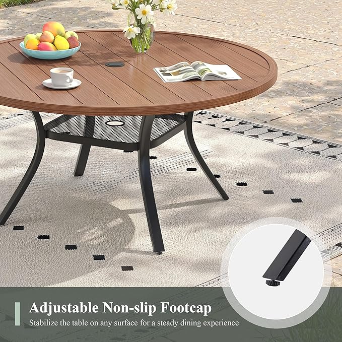 47.2" Patio Dining Table for 6, Round Outdoor Metal Dining Table with Umbrella Hole for Lawn Garden Backyard, Walnut