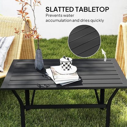 Outsunny Outdoor Coffee Table, All-Weather Rectangle Metal Patio Coffee Table with Slatted Tabletop for Outside, Patio, Garden, Balcony, Backyard, Black