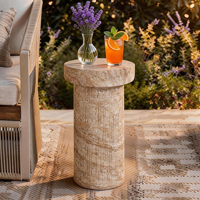 Side Table, 24" Pedestal End Table, 3-in-1 Durable Lightweight Round Coffee Table, Decorative Patio Accent Table Fluted Garden Stool Art Decor for Poolside, Balcony, Living Room, Beige