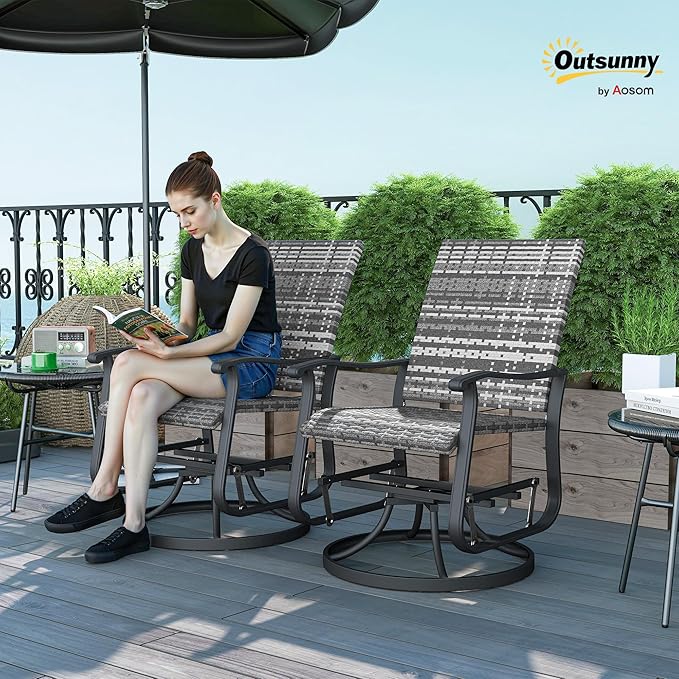 Outsunny Patio Glider Chair Set of 2, Wicker Rattan Outdoor Swivel Chair with Steel Frame, High Back, Armrests - Photo 2