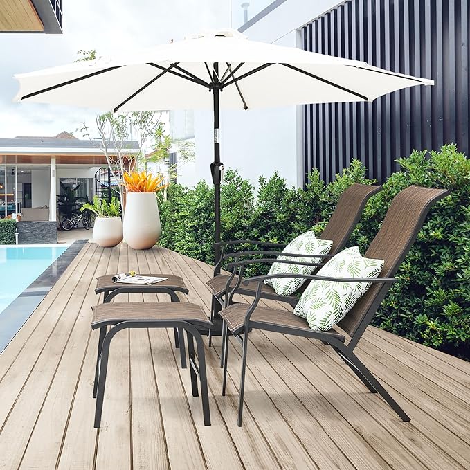 NUU GARDEN Set of 2 Patio Chaise Lounges Chair, Recliner Chairs with Ottoman, All-Weather Textilene Chaise Lounge with Metal Frame, Outdoor Lounge Chairs for Backyard, Garden, Deck, Brown