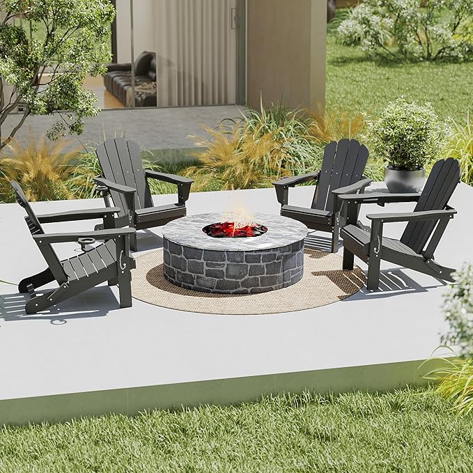 Domi Folding Adirondack Chairs Set of 4, HDPE All-Weather Outdoor Chairs with Cup Holder, Wooden Textured Fire Pit Chairs for Backyard, Patio, Poolside & Deck, Grey