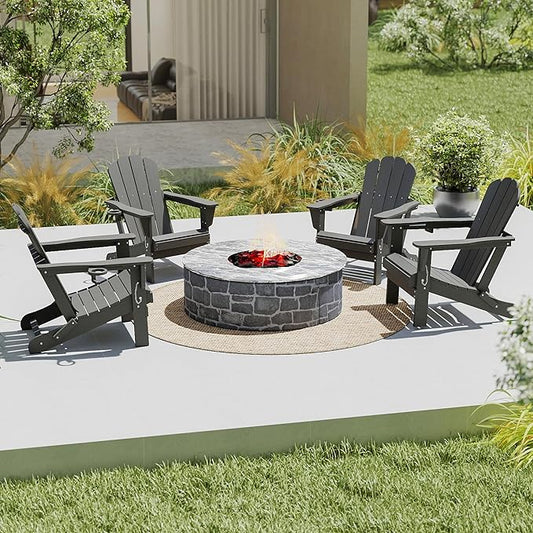 Domi Folding Adirondack Chairs Set of 4, HDPE All-Weather Outdoor Chairs with Cup Holder, Wooden Textured Fire Pit Chairs for Backyard, Patio, Poolside & Deck, Grey