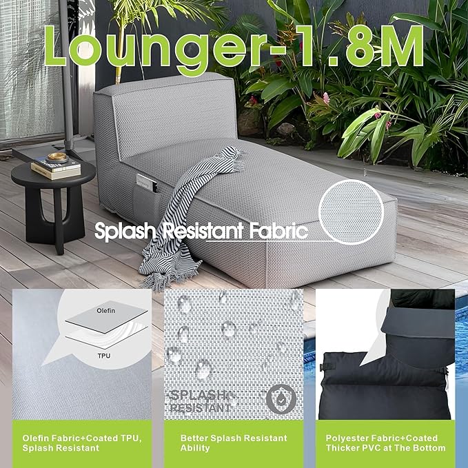 Dineli Chaise Lounge Outdoor Bed Lounger Outdoor Couch Sofa for Pool Comfy Patio Chaise Lounge Foam Filling Bean Bed - Photo 3
