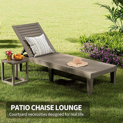 Outdoor Chaise Lounge Chairs Set of 4, 5-Position Adjustable Tanning Lounge Chairs with Wood Texture, All-Weather Resin Patio Lounge Chair for Pool, Garden, Deck, Beach, Striped Grey