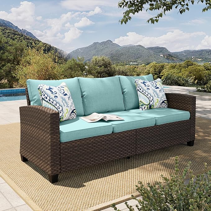 HERA'S HOUSE Outdoor Patio Sofa, 3-Seat Wicker Couch Loveseat, Deep Seating Furniture for Lawn Garden Porch Backyard - Photo 1