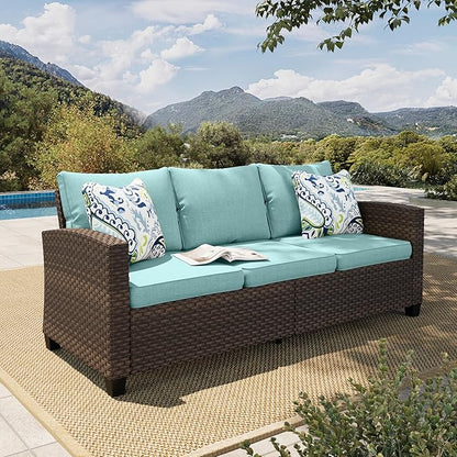 HERA'S HOUSE Outdoor Patio Sofa, 3-Seat Wicker Couch Loveseat, Deep Seating Furniture for Lawn Garden Porch Backyard, Blue