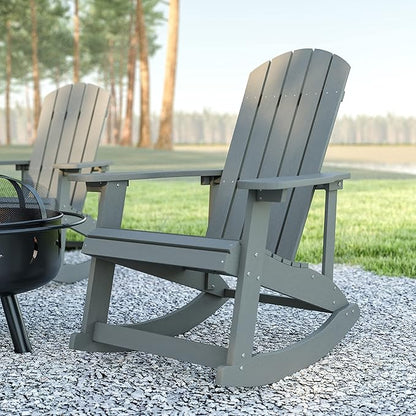 EMMA + OLIVER Marcy All Weather Rocking Chair - Set of 2 - Gray Poly Resin - Classic Adirondack Design - UV Resistant Coating - Stainless Steel Hardware
