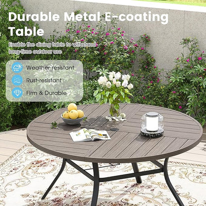 Patio Dining Table for 6-8, Round Metal Outdoor Table with Storage Shelf, 1.57" Umbrella Hole, 53" Outdoor Quartered Tabletop Dining Table for Backyard, Porch, Lawn, Grey