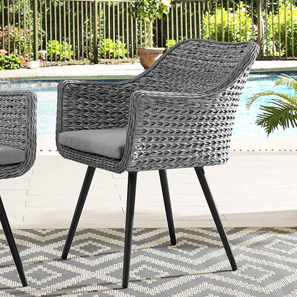 Modway Endeavor Wicker Rattan Aluminum Outdoor Patio Dining Arm Chair with Cushions in Gray Gray