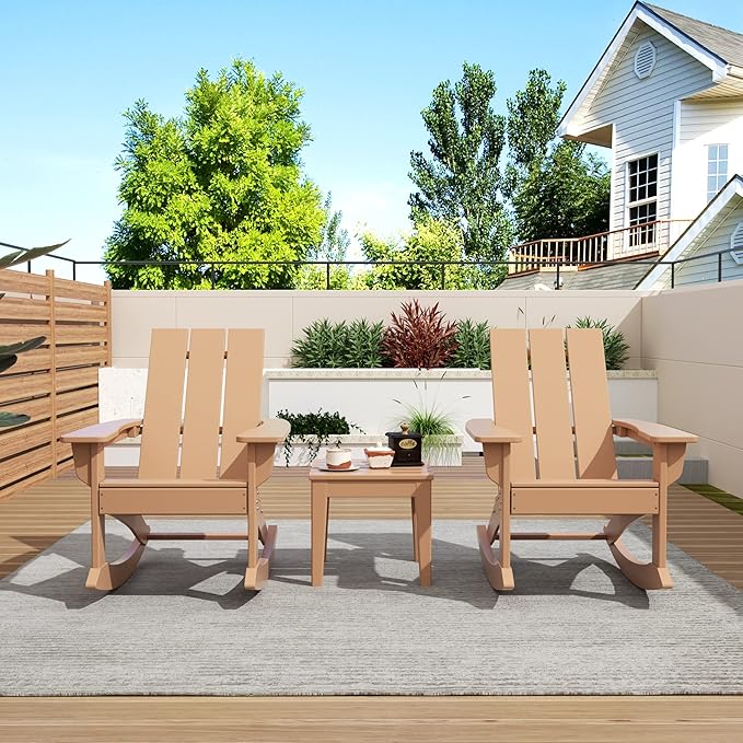 WO WESTIN OUTDOOR HDPE Shoreside Modern Rocking Poly Adirondack Chair (Set of 2),Teak