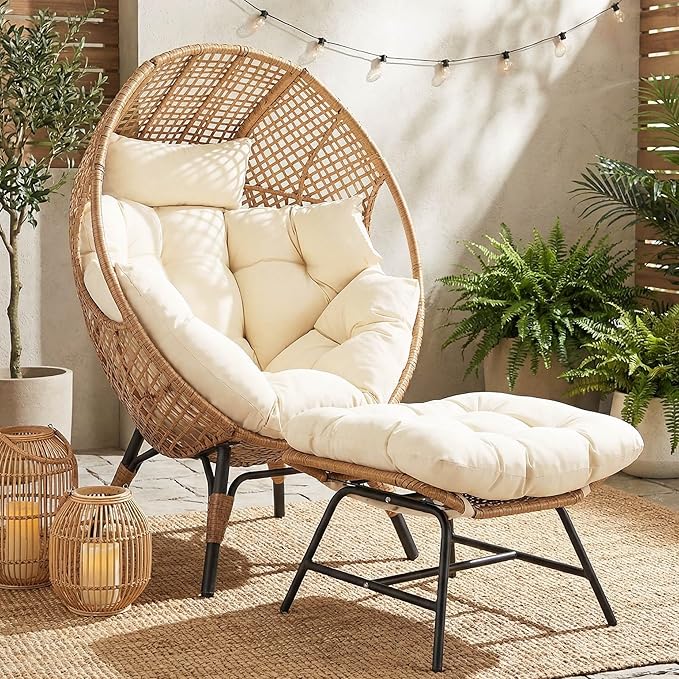 NICESOUL® Indoor Outdoor Egg Chair w/Ottoman, Huge Extra Large Eggshell Papasan Chair w/Cushion - Photo 3