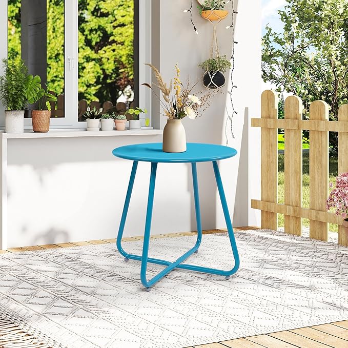 Elevon Weather Resistant Outdoor 17.5” Round End Accent Table for Bistro Balcony, Sky Blue