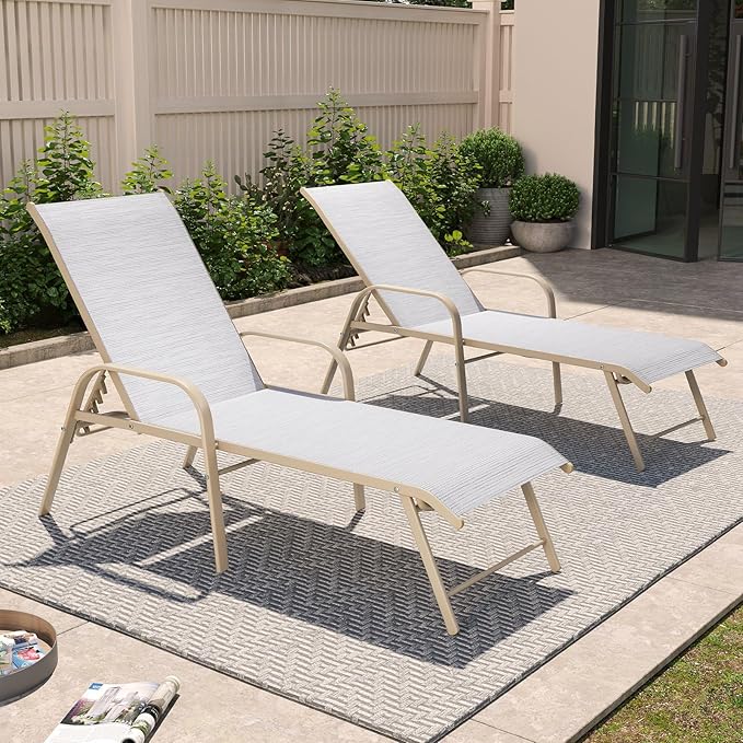 Crestlive Products Chaise Lounge Chair Outdoor with Armrests, Pool Lounge Chairs Set of 2, Aluminum Adjustable 5 Positions Sun Tanning Lounger for Patio, Poolside, Yard, Deck, Backyard (Mix Color)