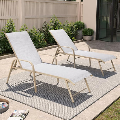 Crestlive Products Chaise Lounge Chair Outdoor with Armrests, Pool Lounge Chairs Set of 2, Aluminum Adjustable 5 Positions Sun Tanning Lounger for Patio, Poolside, Yard, Deck, Backyard (Mix Color)