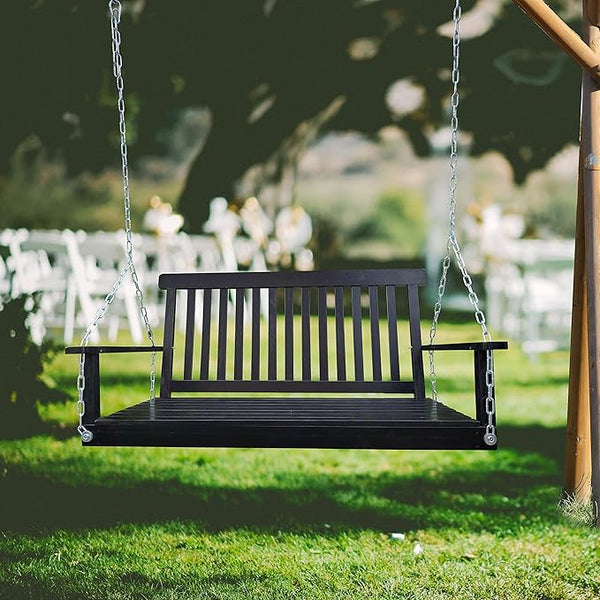 Bellemave Front Porch Swing Wood Hanging Bench with Armrests Outdoor Swing Chair with Chains - Photo 1