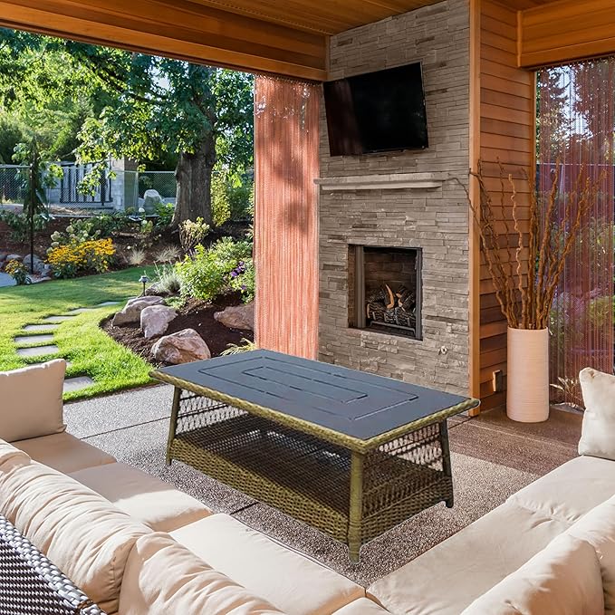 Four Seasons Courtyard Positano 40" x 26" Rectangular All-Weather Outdoor Open Weave Wicker Coffee Table with Decorative Top and Bottom Shelf, Brown