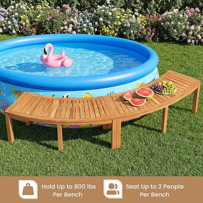 RELAX4LIFE Wooden Outdoor Curved Bench - Acacia Wood Garden Bench w/Slatted Seat, 2-Person Outside Backless Seating for Porch Backyard Deck Park, 800 LBS Load Capacity, Patio Fire Pit Bench (2, 45'')