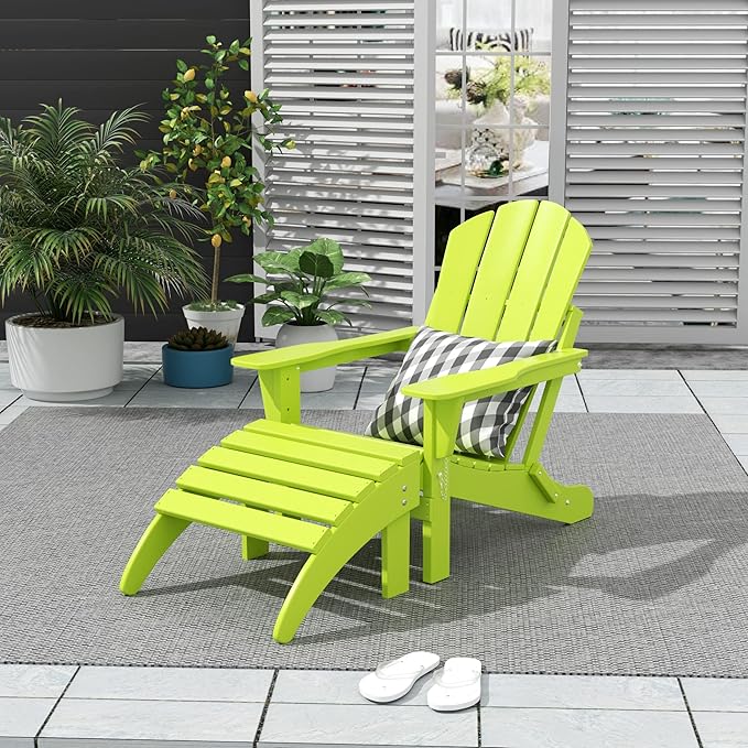 WO Home Furniture Adirondack Chair Outdoor Ottoman Set of 2 PCS Classic Patio Furniture (Lime)