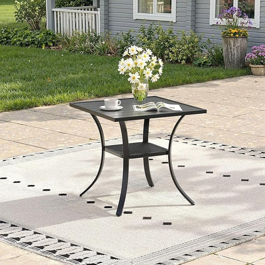 Outdoor Dining Table with Storage Shelf, 27.5" All-Weather Square Patio Dining Table for 2, Metal Patio Table for Garden Lawn Porch Deck Yard, Black