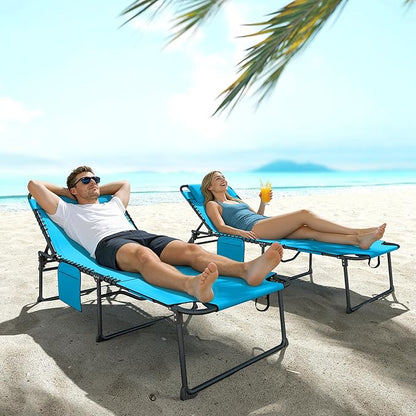 Outsunny 2 Piece Folding Chaise Lounge with 5-Level Reclining Back, Tanning Chair with Face Hole, Outdoor Lounge Chair with Side Pocket & Headrest for Beach, Yard, Patio, Blue