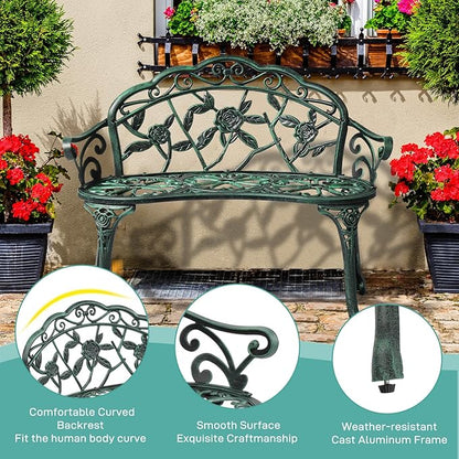 Outdoor Garden Bench,Patio Metal Rose Bench,2 Person Cast Iron Metal Frame Porch Bench with Backrest and Armrests,Outside Benches,Leisure Chair for Garden Porch Park Front Porch Balcony (Green)