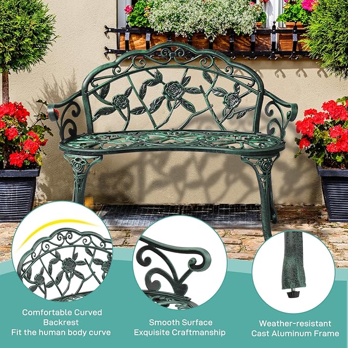 Outdoor Bench Steel Garden Patio Porch Loveseat Furniture for Lawn, Park, Deck Seating w/Floral Rose Accent, Antique Finish (Green)