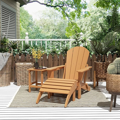 WestinTrends Malibu Outdoor Lounge Chairs, 3-Pieces Adirondack Chair Set with Ottoman and Side Table, All Weather Poly Lumber Patio Lawn Folding Chair for Outside Pool Garden Backyard, Teak