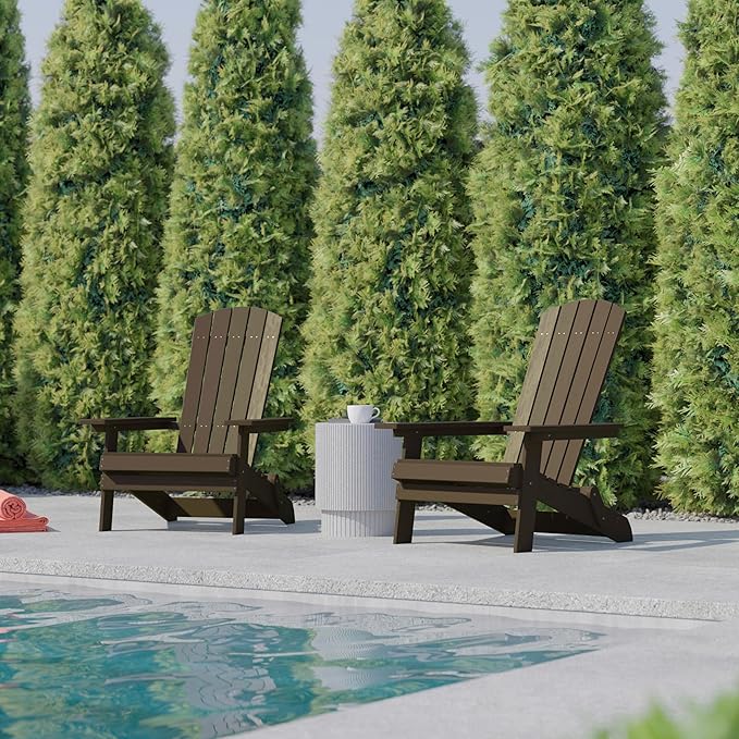 Flash Furniture Charlestown Folding Adirondack Chair - Mahogany - Poly Resin - Indoor/Outdoor - Weather Resistant - Set of 2